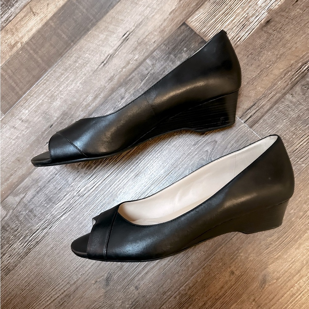 11 Cole Haan Black Leather Peep-Toe Wedge Heels